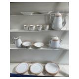 Peach rim dishes, coffee, pot creamer, sugar,