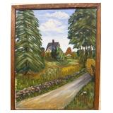 Painting on board of house by road