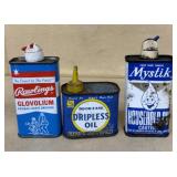 (3) Adv. Oil Cans (Rawlings Glovolium, Mystik  Hou
