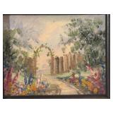 Painting of flowers, fence, arch, and trees on