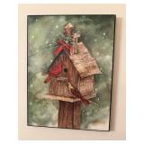 Print of red birds and birdhouse wall hanging