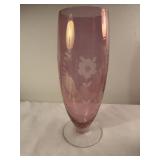 Cranberry glass etched vase