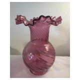 Ruffled cranberry glass vase