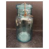 Tight seal, blue canning jar, patterned date,
