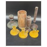 Wood candle holders and vase