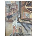 Early painting on canvas of man in street