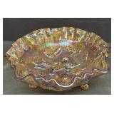 Carnival glass foot bowl with ruffled edges