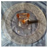 Pink glass serving tray with handle