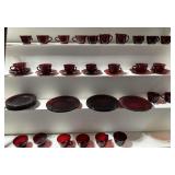 RUBY GLASS tea, cups, saucers, and plates