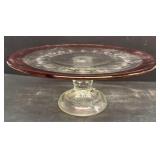 Cranberry rim  glass cake stand