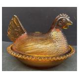 Amber Indiana Glass Hen on Nest