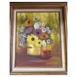 Still life flowers in bucket, painting on canvas