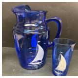 Hazel Atlas Cobalt Blue Sailboat Pitcher & Glass