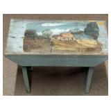 Antique Blue Painted Stool with Scene.