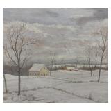 Winter Scene Oil on Board Painting / Maple Frame