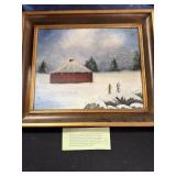 Kate Osborne, painting of winter scene barn on