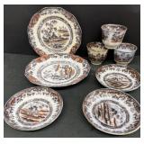 M V & Co Black & Red Transferware Plates & Cups