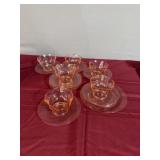 Pink glass, cups, and saucers