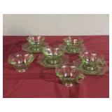 Green glass cups, and saucers