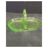 Green uranium glass divided dish with handle