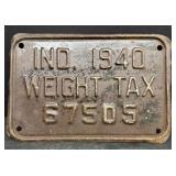 1940 Indiana weight Tax license plate