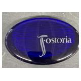 Blue Fostoria dealers plaque paperweight