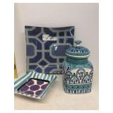 Blue green plaid or purple ceramic dish and jar