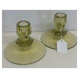 Yellow glass candleholders Dunkin Miller pair
