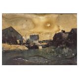 Miniature hand painted picture of a harbor scene