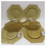 Six crackle amber glass plates