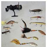 Small Box of Fishing Lures & Reel