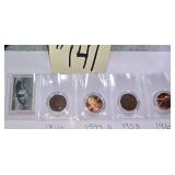 4 Pennies, One Stamp, 1916, 1994 D, 1958, 1964