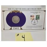 1881 S Morgan Silver Dollar & Stamps