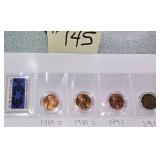 4 Pennies, One Stamp, 1969 D, 1980 D, 1991, 1918