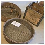 Antique Wood Borden Milk Box & 2 Wood Sieves