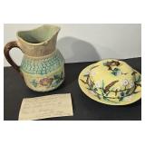 2 pcs Majolica, Pitcher & Covered Muffin