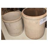 2 Great Crocks, #8 & #5, One has a Tiny Crack-
