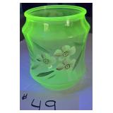 Uranium Glass Cookie Jar, No Lid, Hand Painted