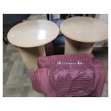 2 Glass Top side tables, 2 cushions 2 Glass Top side tables, 2 cushions