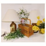 2 Brass Lamps, Floral Wreath, Magazine Basket 2 Brass Lamps, Floral Wreath, Magazine Basket