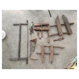 Antique Wood Clamps, Saw, Drills Antique Wood Clamps, Saw, Drills