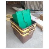 Heavy plastic recycle totes. 1 Has lid Heavy plastic recycle totes. 1 Has lid
