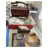 Sewing box, Linens, Bisque Doll, Bead Work Sewing box, Linens, Bisque Doll, Bead Work