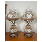 Pair of GWTW Hand-Painted Glass Shade Table Lamps
