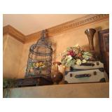 Wood & Metal Bird Cage, Lamp, Decorative Suitcases