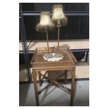 Galleried & Glass Topped Table, Lamps