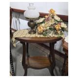 Quarter Sawn Oak Side Table, Lamp, Flowers