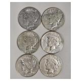 6 Silver Peace Dollars: 1922, 1923 & 1935
