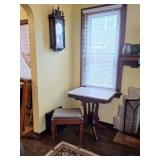 Marble Top Parlor Table, Centurion Clock, Bench