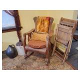 2 Crock Jugs, Vintage Rocker & 2 Folding Chairs